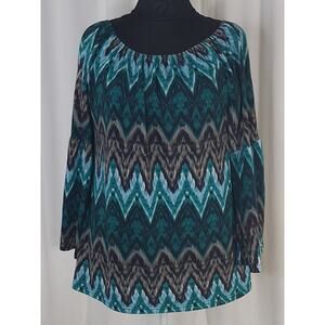 Win Win Peasant Tunic Blouse L/XL Bell Sleeve Stretch Boho Chevron Festival Top